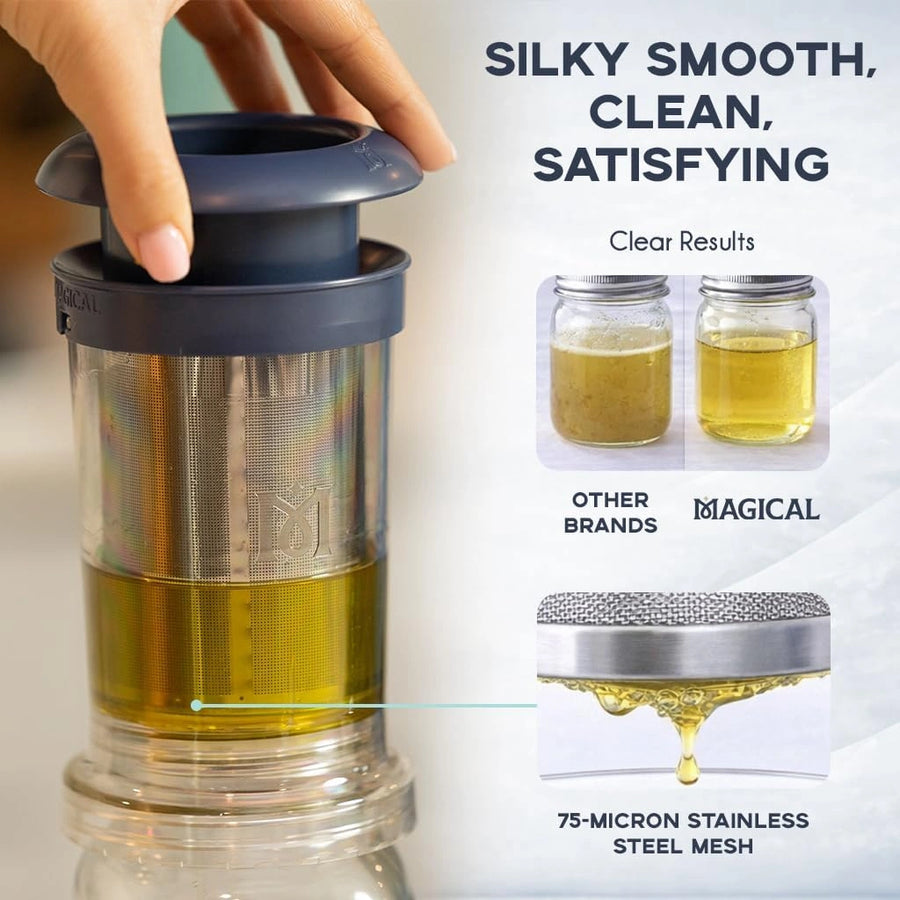 What to compare: a fixed 75-micron stainless steel mesh, clarity after straining, cleanup and liquid recovery. This is an official product visual, not a controlled independent test.